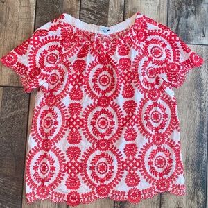 John Mark Red and White Heavily Embroidered Blouse